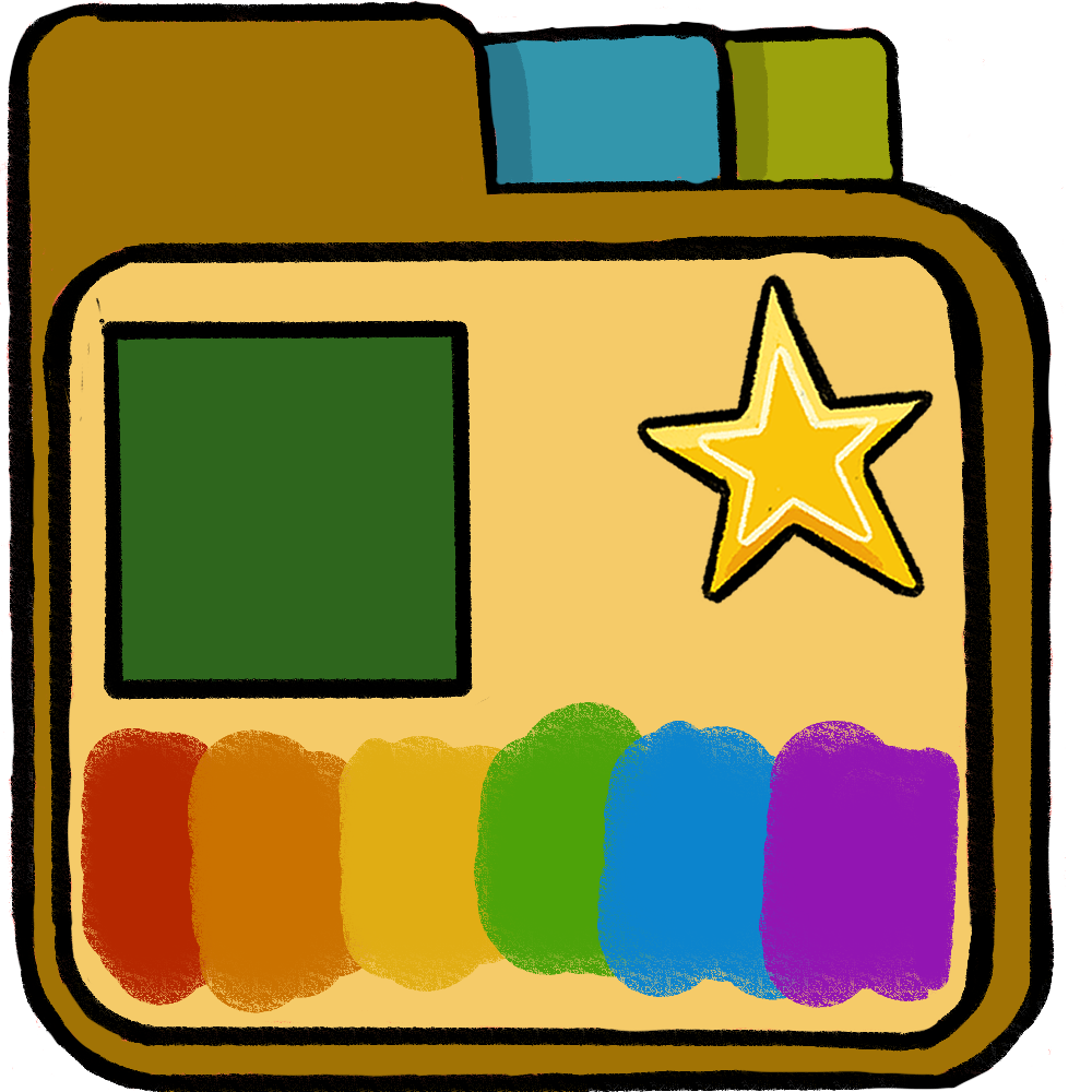 a yellow file folder with a green square and squiggles in rainbow order and a star inside